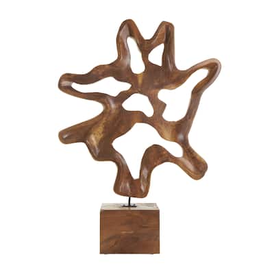 Teak Wood Abstract Cutout Decorative Sculpture with Block Base - Brown - Roche River Decor