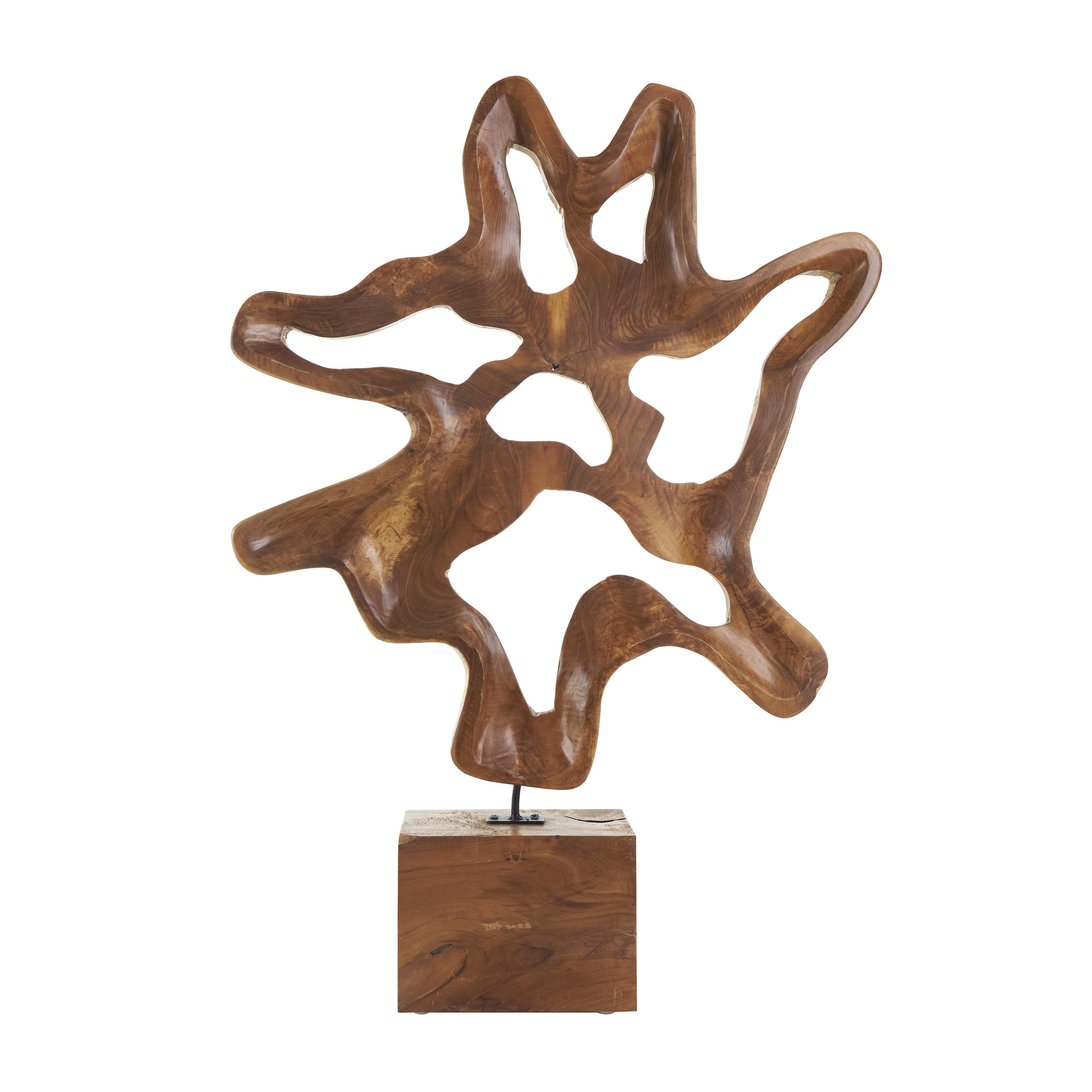 Teak Wood Abstract Cutout Decorative Sculpture with Block Base - Brown - Roche River Decor
