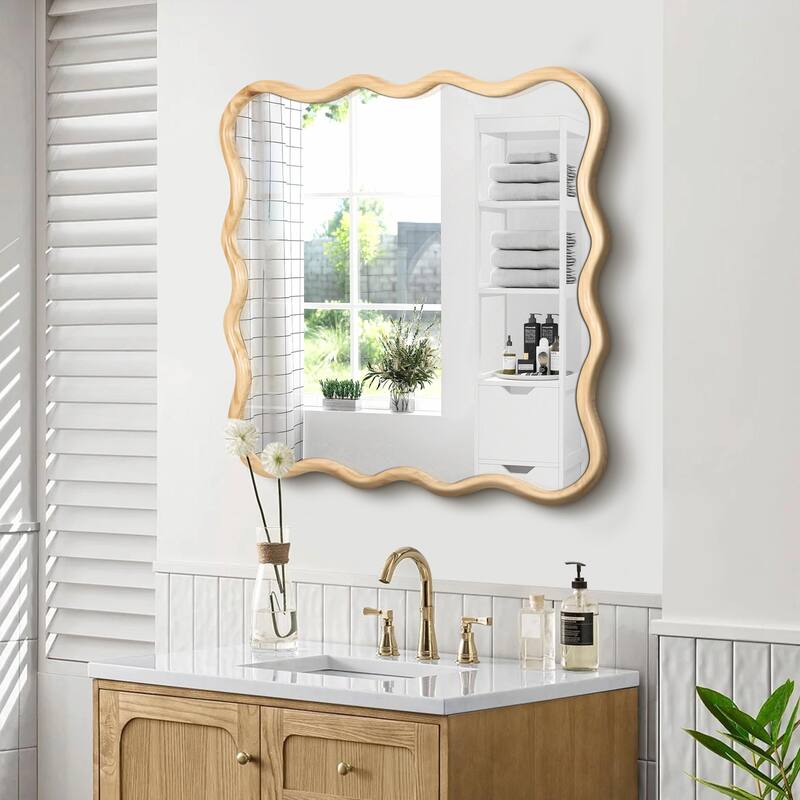 36x36 Inch Solid Wood Wavy Square Mirror - Modern Wall Decor