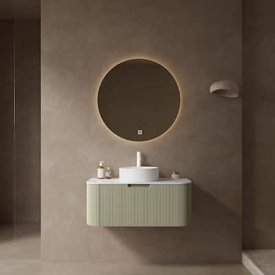 36" Bathroom Vanity with Sink, Modern Floating Curved Bathroom Storage Cabinet with Drawer, Round Ceramic Basin, Light Green