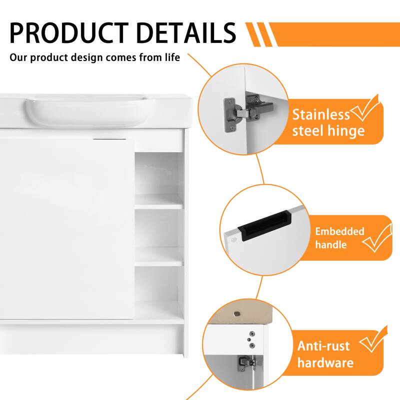 28 Inch Freestanding Bathroom Vanity Cabinet with Ceramic Sink,1 Soft Close Door and 3 Shelves