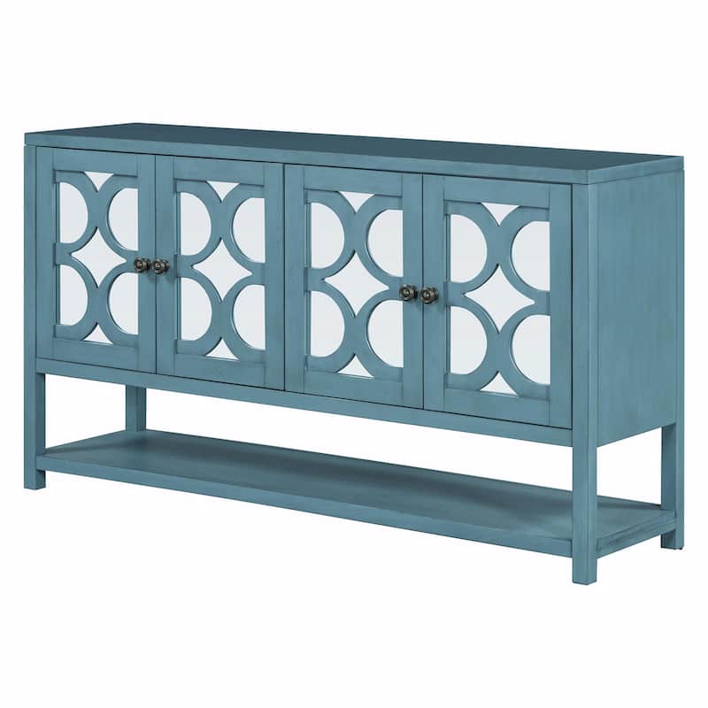 Elegant Retro Console Table with Mirrored Doors, Spacious Shelves and Durable Acacia Wood Legs