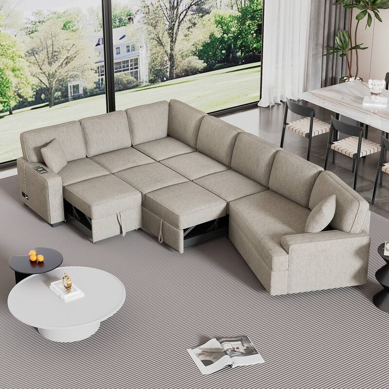 Beige 126" L-Shaped 6-Seater Sectional Sofa with Pull-Out Bed, USB Charging Ports, and Drop-Down Cup Holder Tables