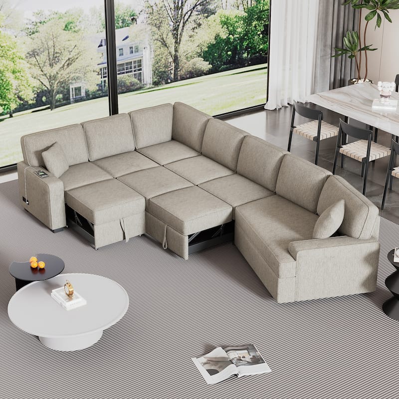 Roomfitters L-Shaped Sectional Sofa with Pull-Out Bed, Integrated Charging Devices, and Convenient Cup Holders