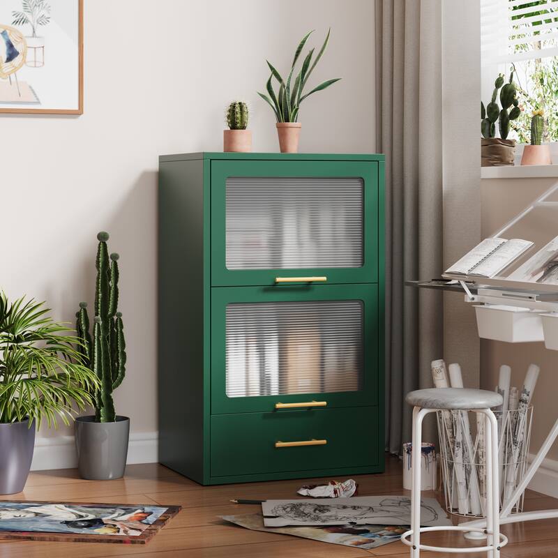 Freestanding Metal Display Storage Cabinet,Cupboard with Flip-up Acrylic Doors and Drawer - Green - 2-Tier