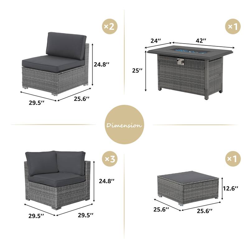 7 Piece Wicker Set Patio Sofa Furniture with Fire Pit And Table