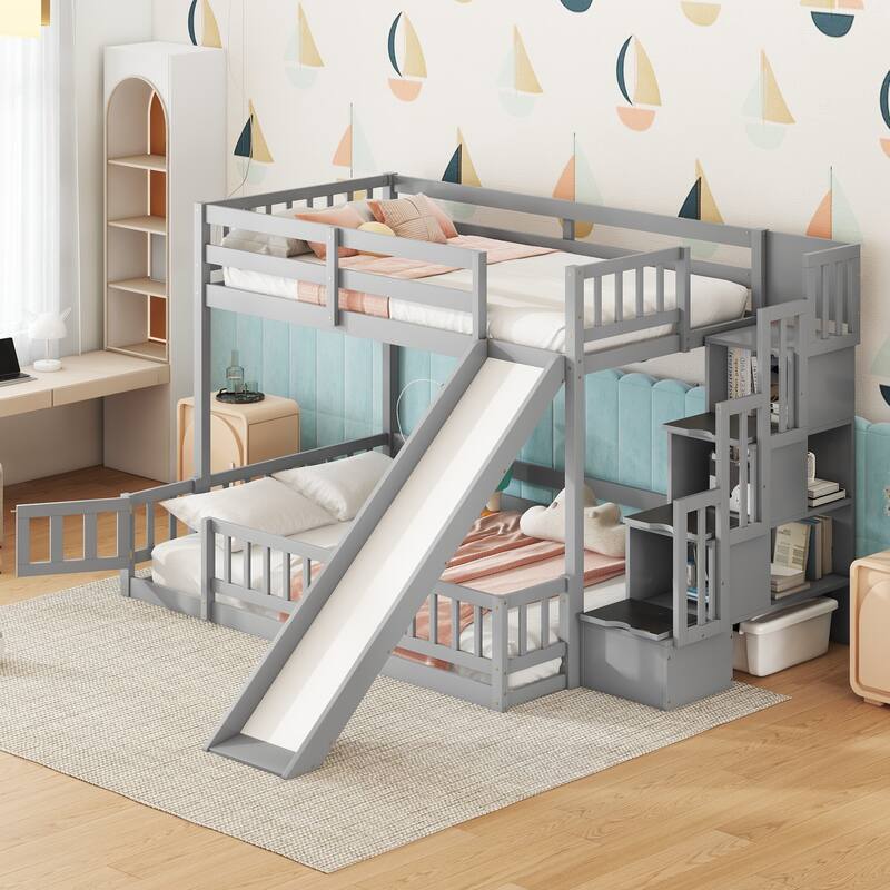 Twin Over Full Bunk Bed with Slide, Storage Staircase, Pine Solid Wood, Safety Guardrails, Grey