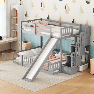 Twin Over Full Bunk Bed with Storage Staircase, Slide and Guardrails Toddler Floor Bed with Fence and Door, Floor Bunk Bed Frame