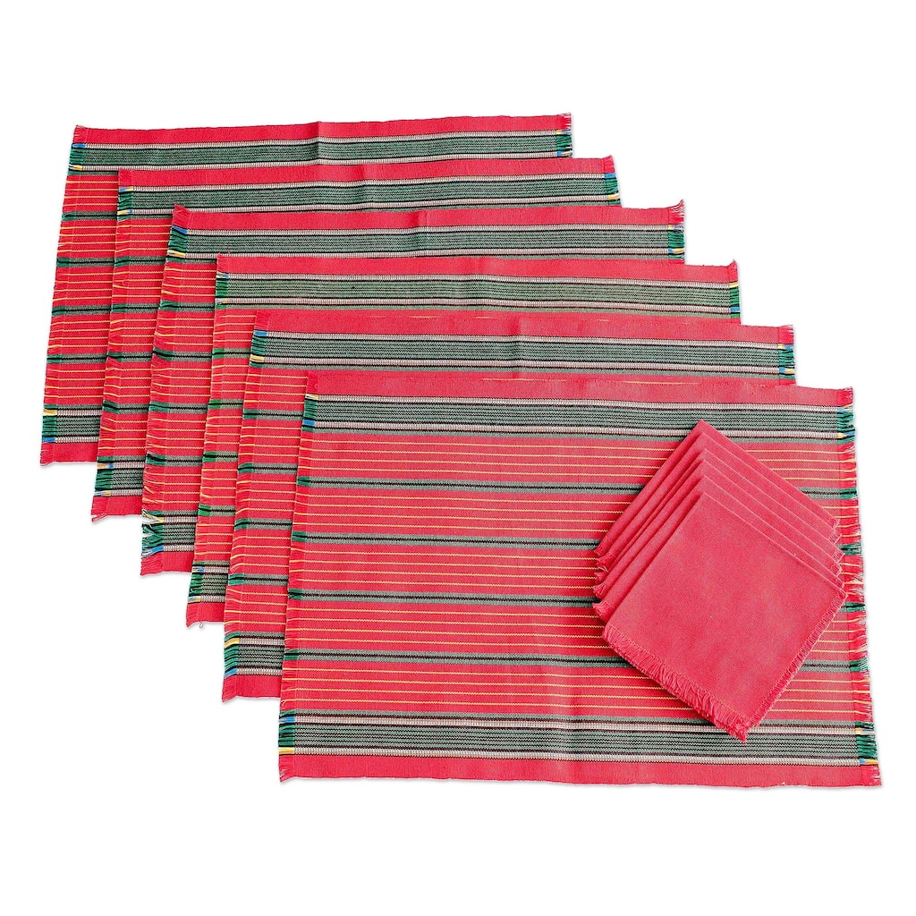 Novica Handmade Red Christmas Cotton Table Linen Set (Set For 6)
