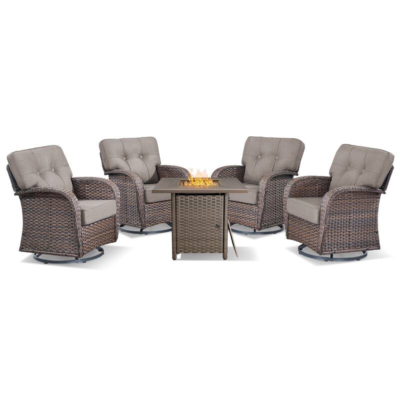 TWrap 5-Piece Wicker Patio Fire Pit Conversation Set with Swivel Gliders and 5-Inch Cushions