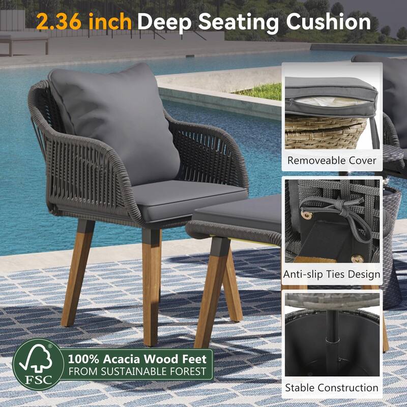 5-Piece Patio Furniture Conversation Set with Wicker Cool Bar Table and Ottomans