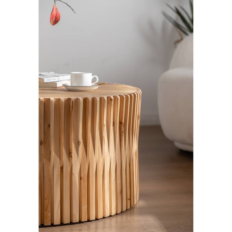 GDFStudio Lysander Fir Wood Retro Coffee Table with Vertical Texture Relief Design