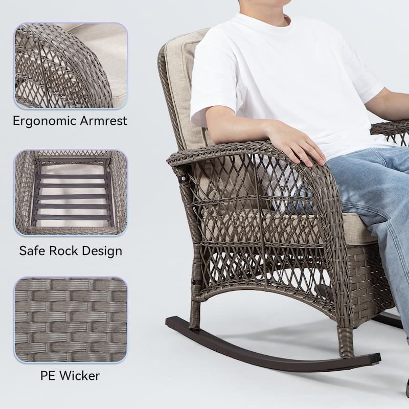 Cozywor Wicker Patio Outdoor Rocking Chair with Cushion