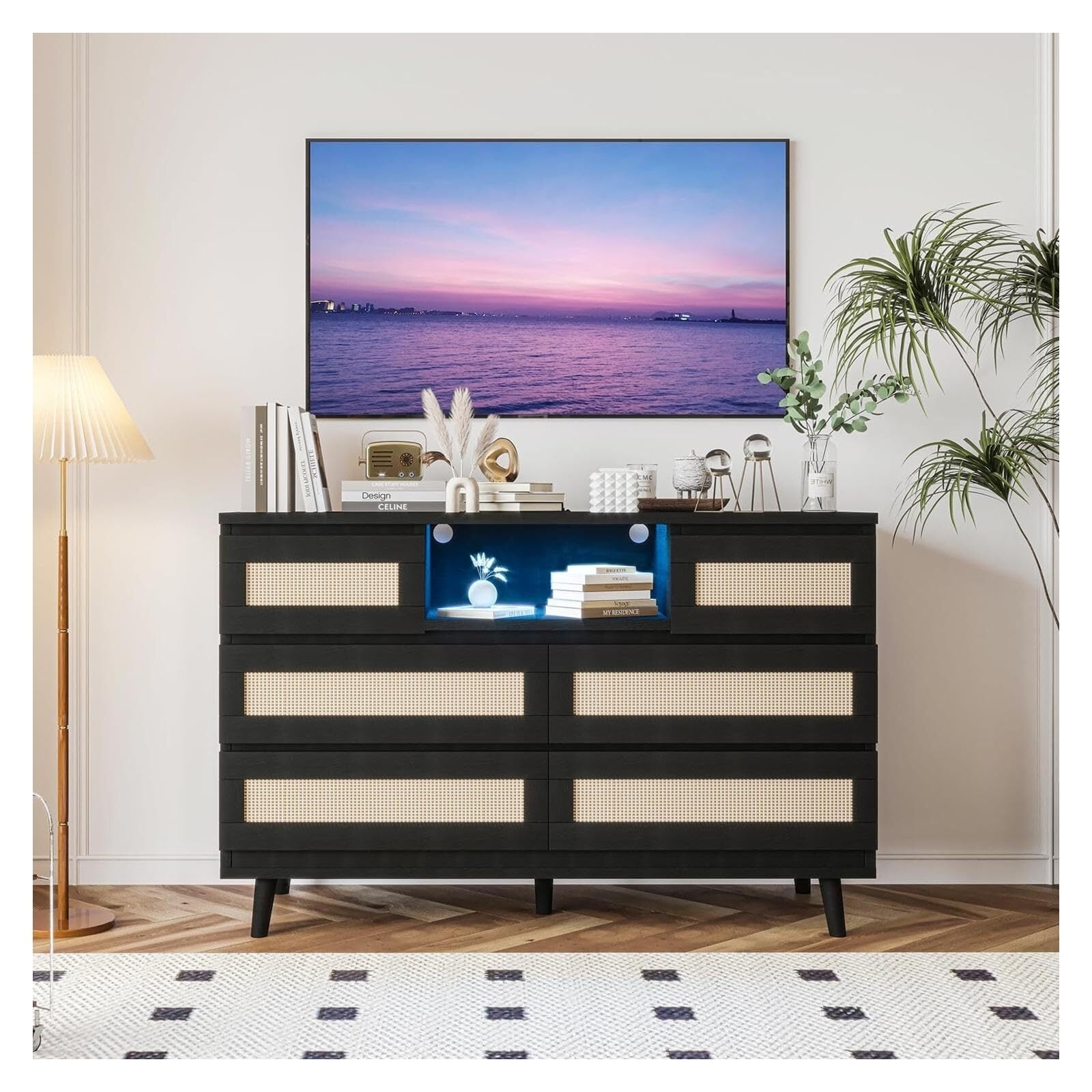 6 Drawer Rattan Dresser with LED Lights and Charging Station