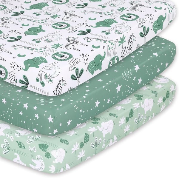 slide 2 of 5, The Peanutshell Green Safari Mini Crib, Playard Sheet 3 Pack Set