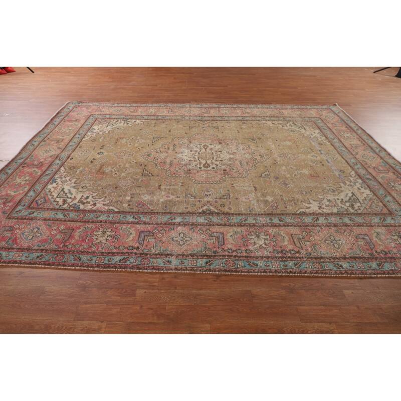 Distressed Gold Tabriz Persian Vintage Rug Handmade Wool Carpet - 8'3"x 10'8"