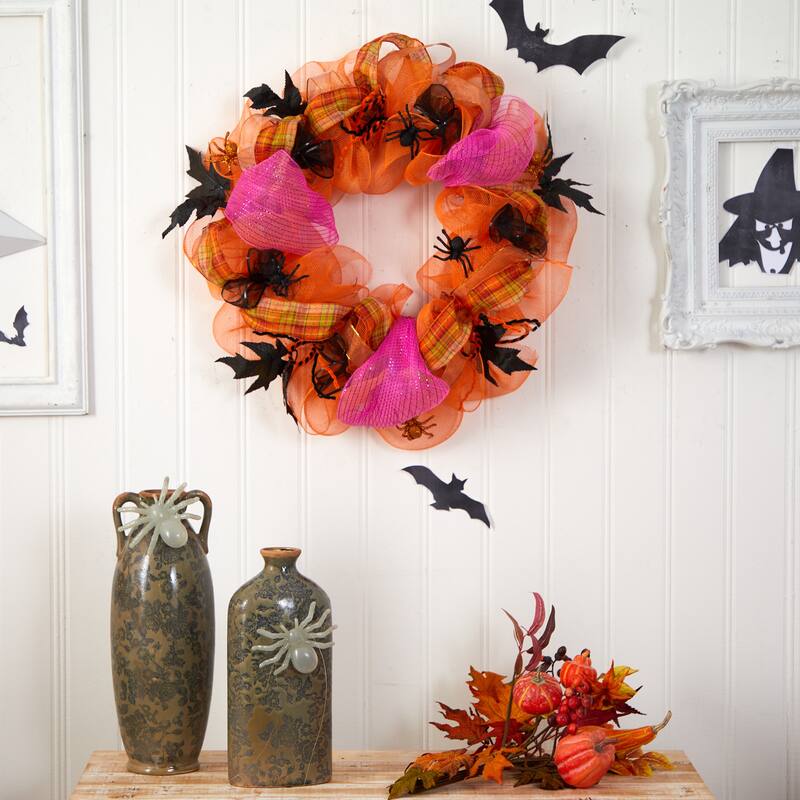 Spider Mesh Halloween Artificial Wreath, 26-Inch, Unlit