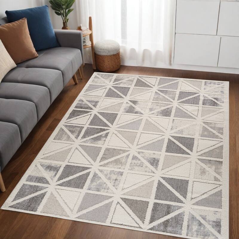 Biwa Distressed Geometric Modern Stain Resistant Woven Durable Area Rug By HomeRoots - 5' X 8' - Gray and Cream - Rectangle