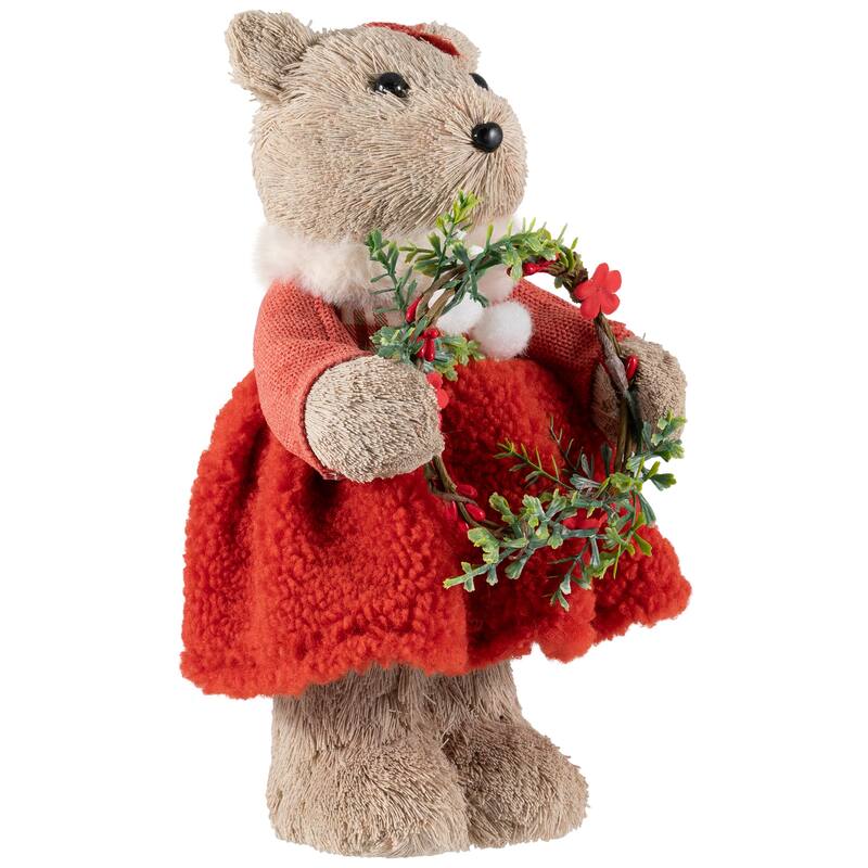 Woodland Girl Bear Holding Wreath Christmas Figure - 10"