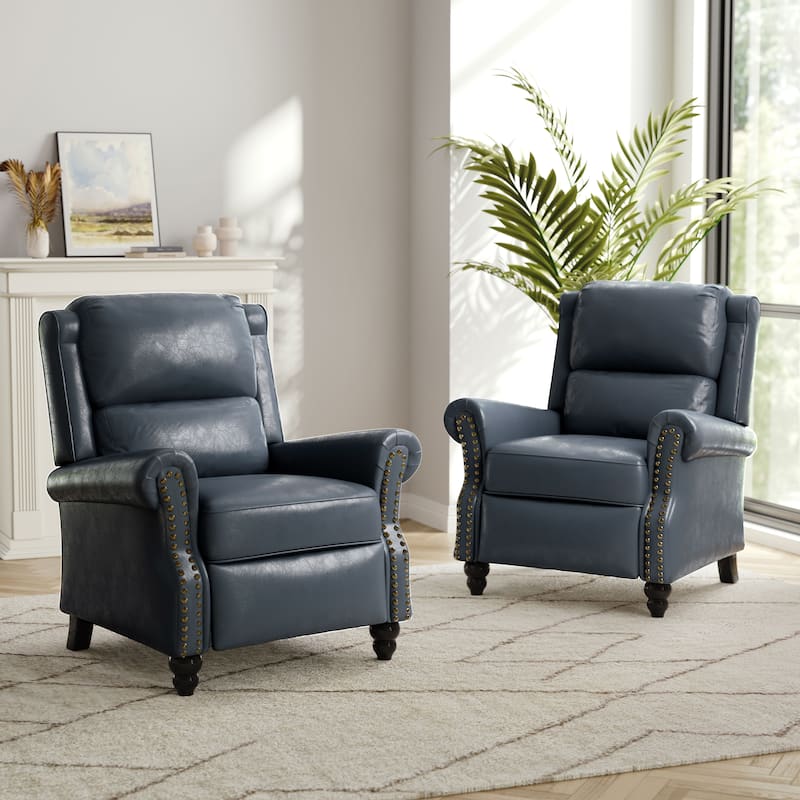 2 Set Nail-head Padded Seat Pushback Recliner Chair - Navy Blue PU