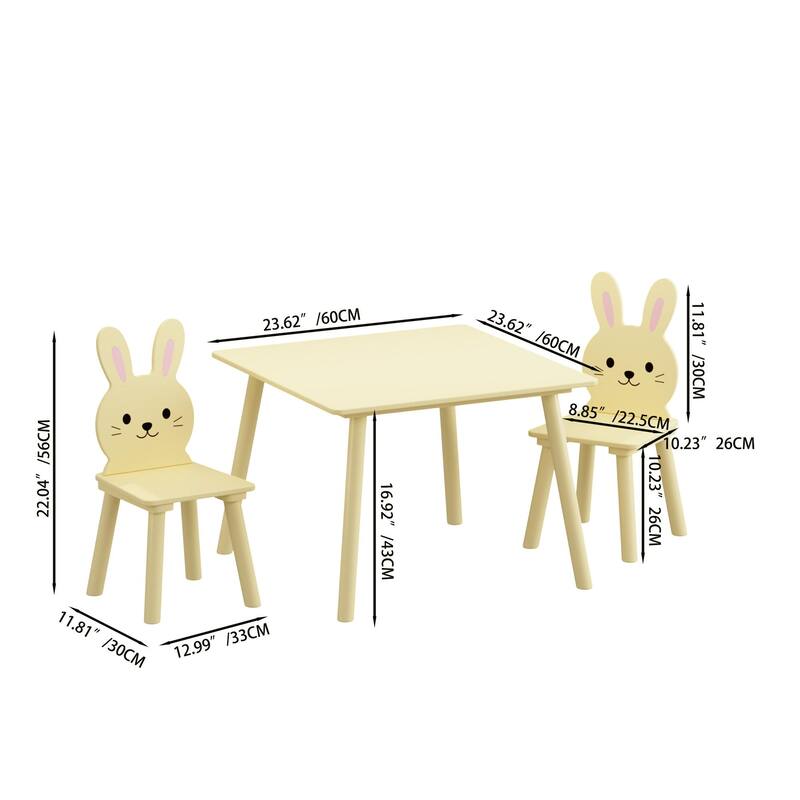 Kids Table and Chair Set with 2 Bunny Chairs, Children's Wooden Activity Table for Toddlers, Cute Animal Design Set