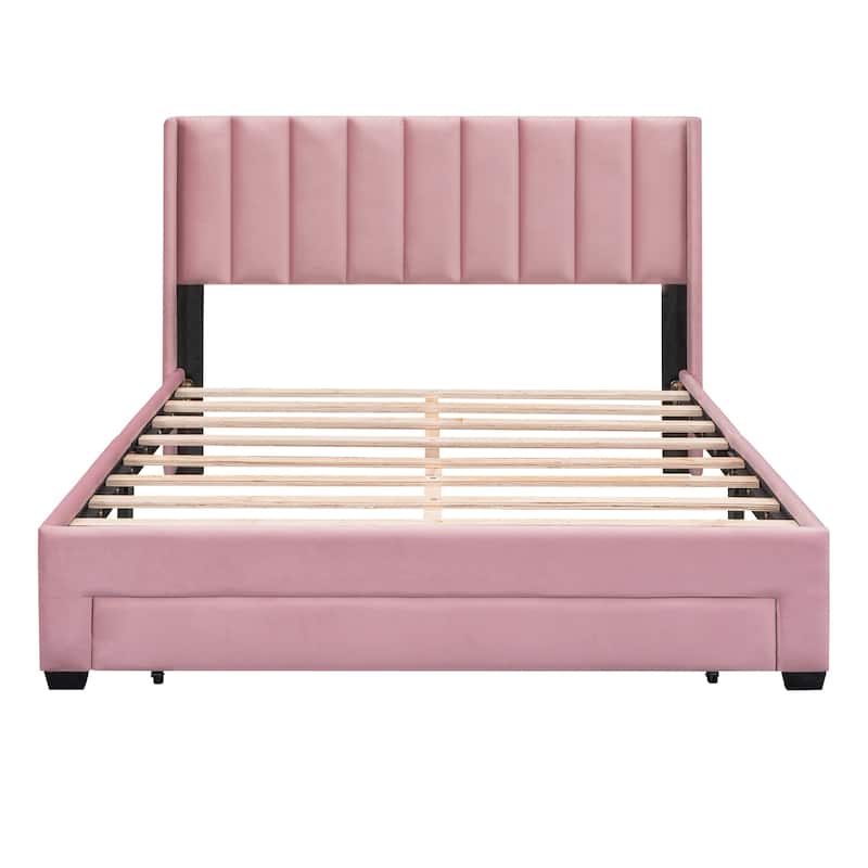 Pink Queen Platform Bed in Velvet Upholstery with Headboard and Drawer - Sturdy Wood Frame