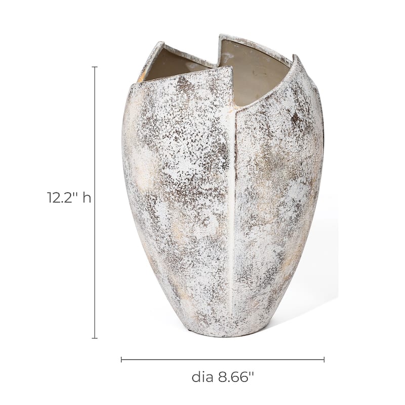 Marbled White Modern Jagged Top Urn Tall Stoneware Vase (Single)