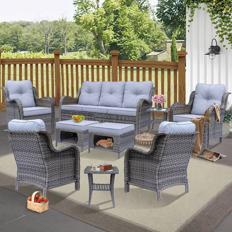 Gray Rattan Wicker High Back Outdoor Patio Furniture Sofa Seating Set
