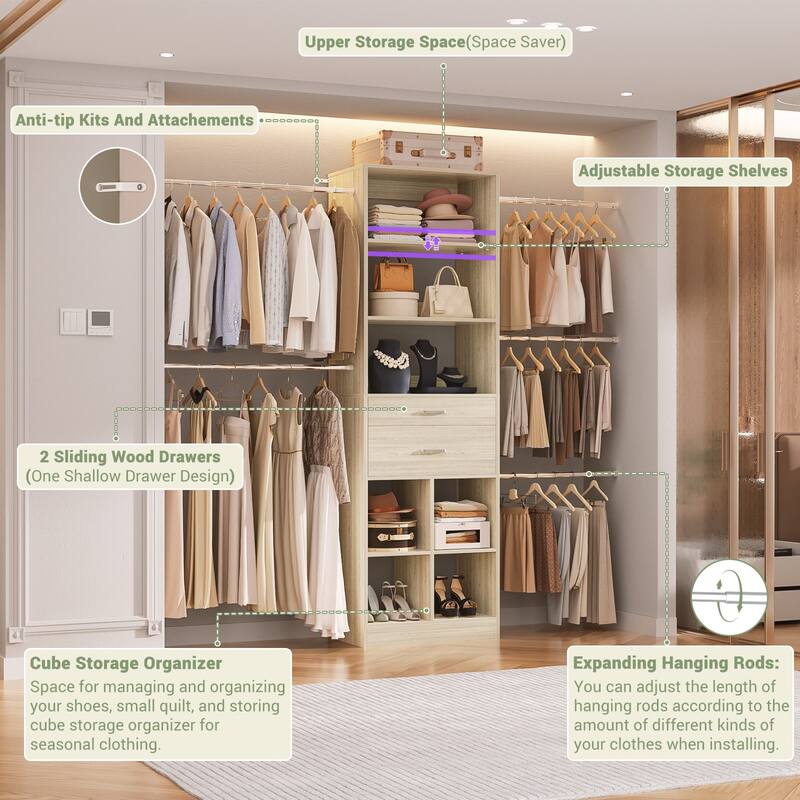 66''-100'' Walk-in Closet Organizer with 5 Hanging Rods and 2 Wooden Drawers，4-8FT Sturdy Closet System with Storage Shelves