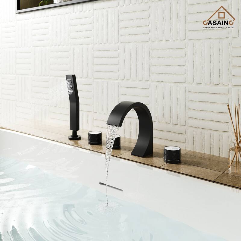 Waterfall 3-Handles Deck-Mount Roman Tub Faucet with Hand Shower (Valve Included)
