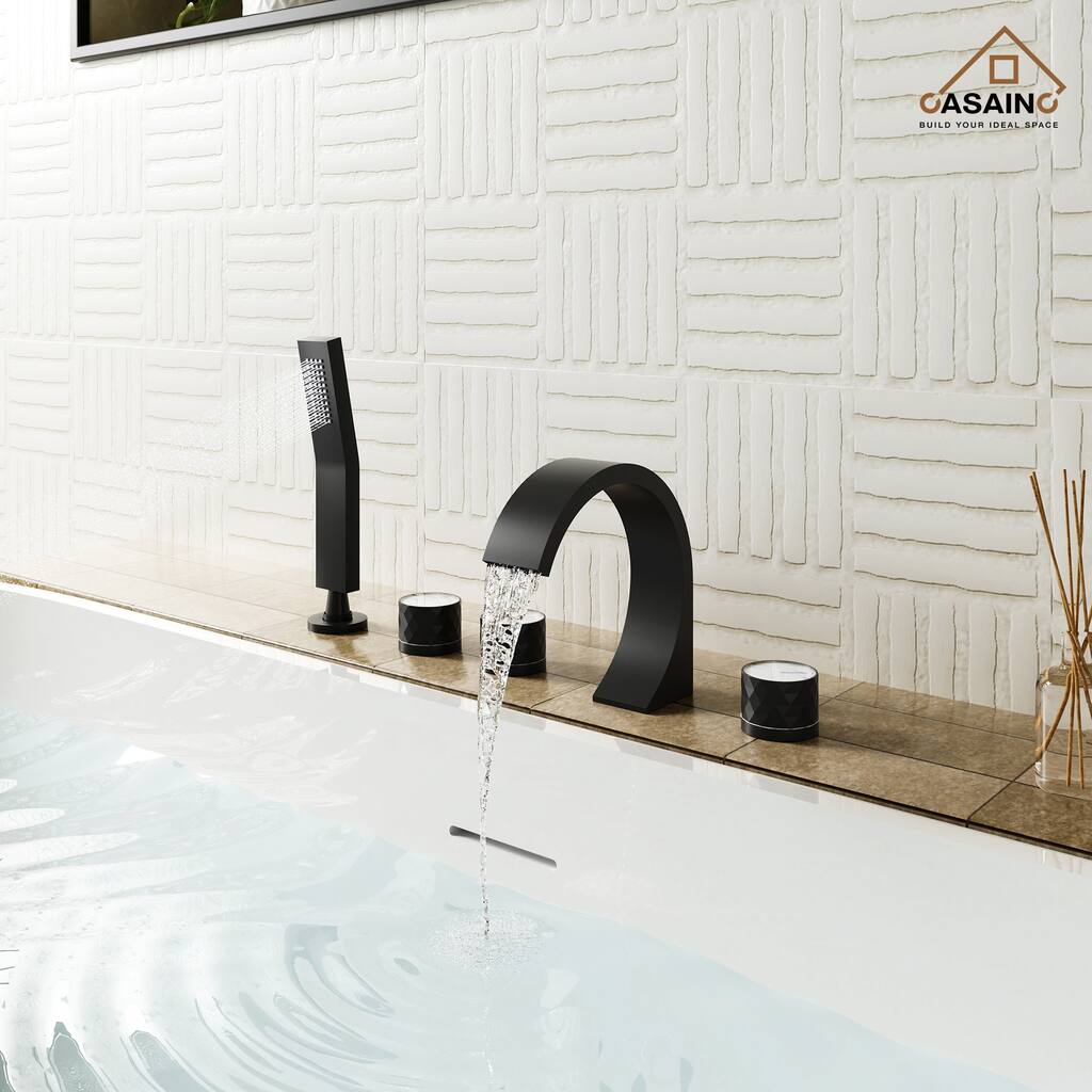 Waterfall 3-Handles Deck-Mount Roman Tub Faucet with Hand Shower (Valve Included)