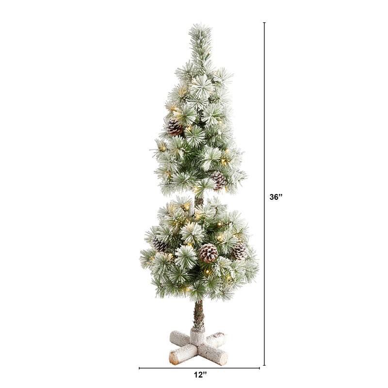 3' Flocked Artificial Christmas Tree Topiary with 50 Warm White LED Lights and Pine Cones