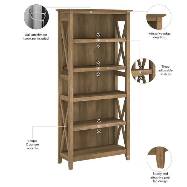 dimension image slide 1 of 15, Bush Furniture Key West Tall 5 Shelf Bookcase with Adjustable Shelves