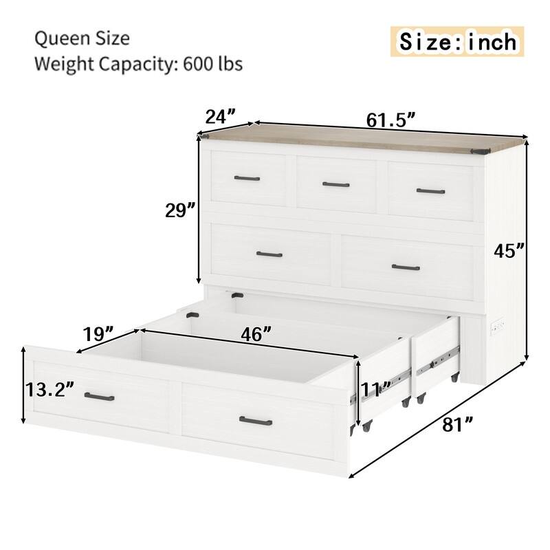 Full-Size Murphy Bed System - Wall Cabinet with USB Charging Station & Storage Drawer, Convertible Guest Bed for Small Rooms