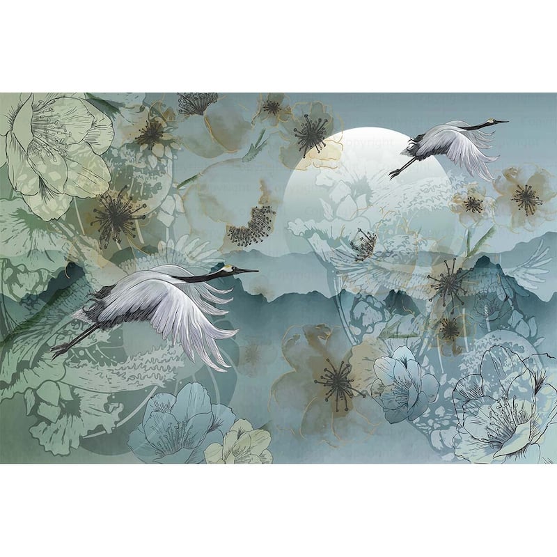 Serene Cranes and Blossoms Wallpaper Mural