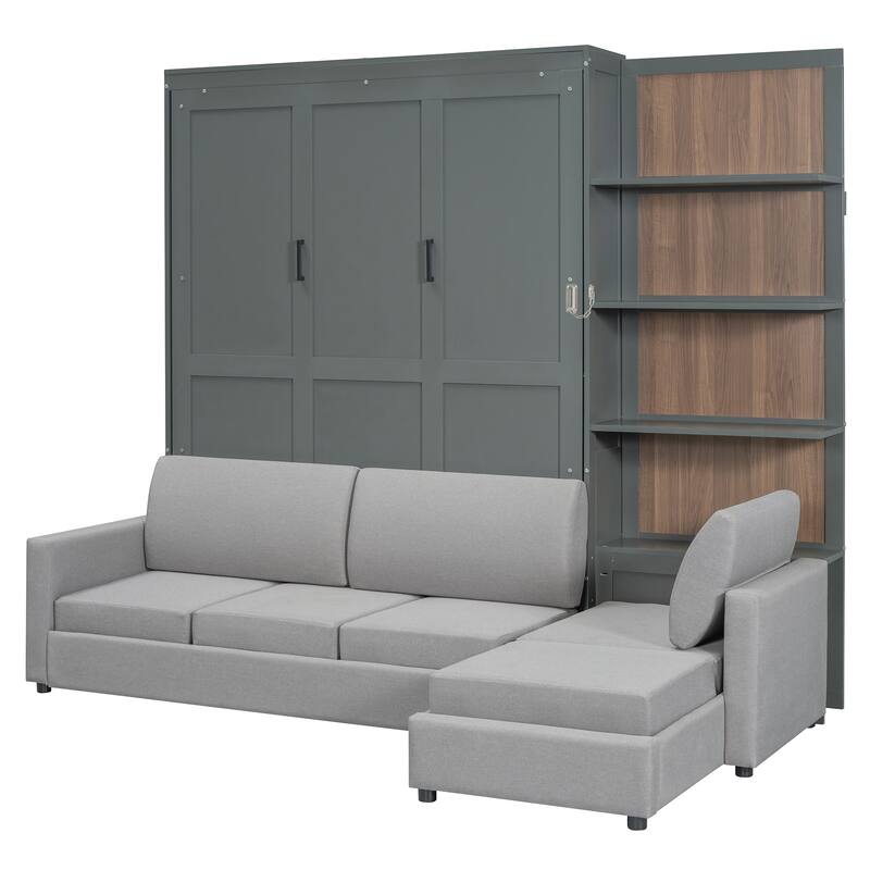Queen Murphy Bed with Built-in Sofa, Shelves & Space-Saving Design