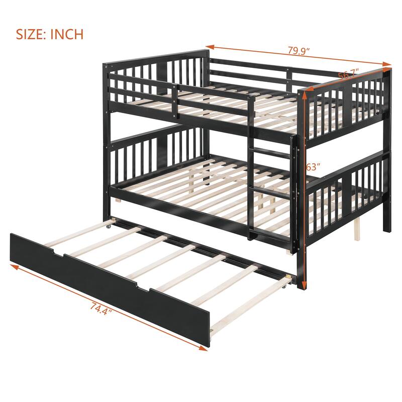 Full Size Wood Bunk Bed with Twin Size Trundle and Ladder, Divided Into 2 Individual Beds, Full Over Full Bunk Bed Frame