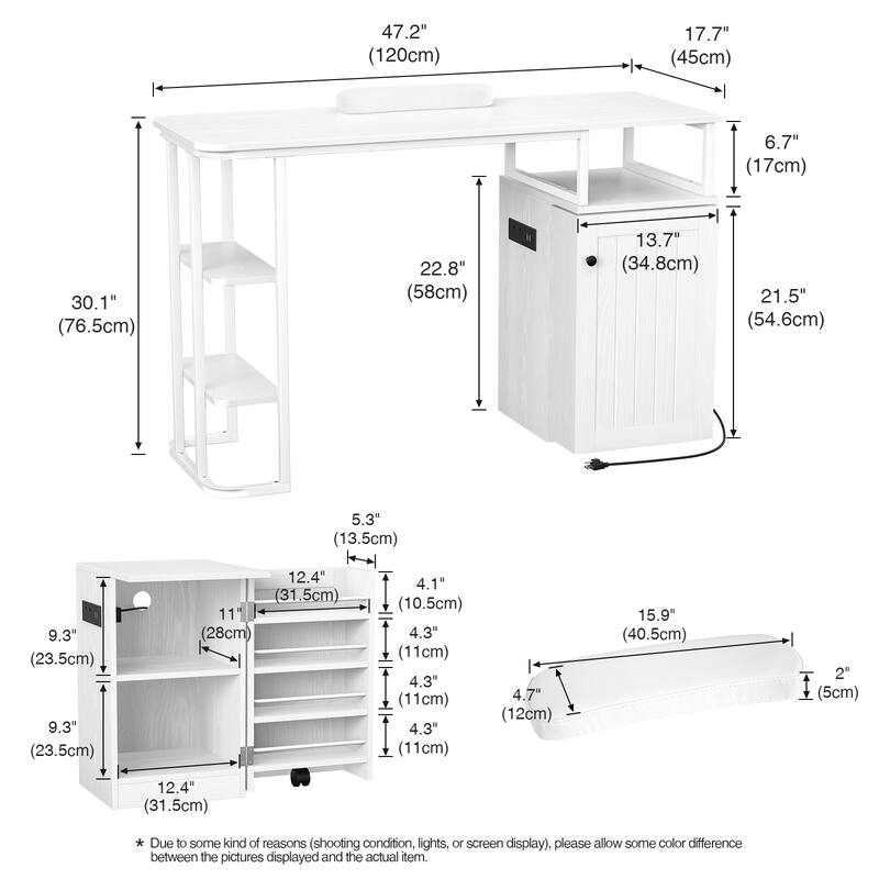Manicure Table, Nail Tech Desk with Charging Outlet, Nail Station with Shelf & Drawers
