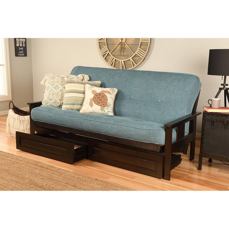79 in. Espresso/Linen Aqua Linen Upholstered Full Size Futon Set with Mattress and Storage Drawers