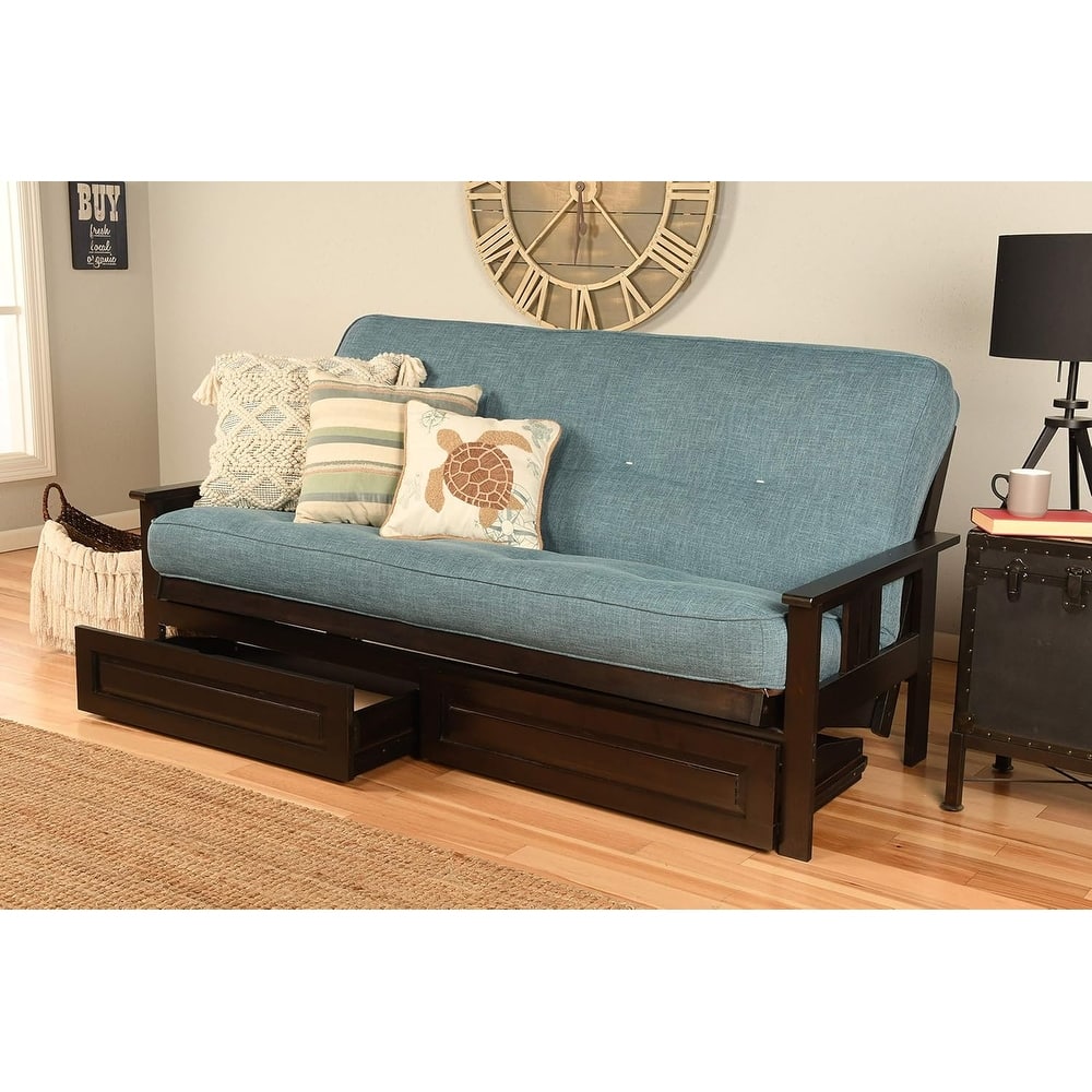 79 in. Espresso/Linen Aqua Linen Upholstered Full Size Futon Set with Mattress and Storage Drawers