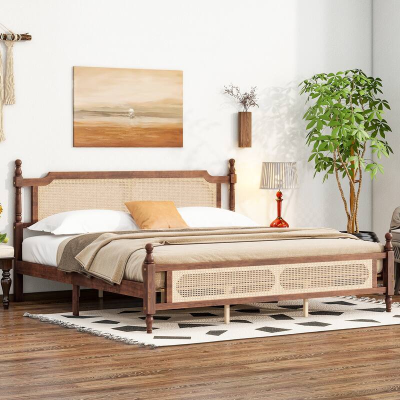 King Pine Wood Bed with Rattan Headboard & Footboard, Spherical Bedposts, Walnut