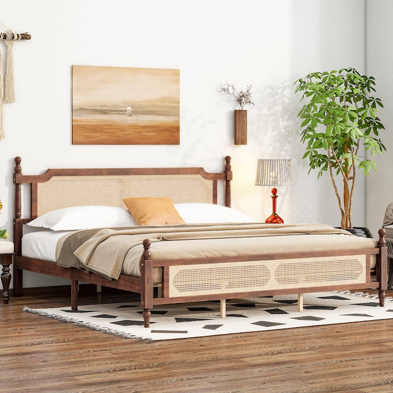 King Pine wooden Bed with Rattan Headboard and Footboard, with Central Enhanced Bed Platform,Walnut