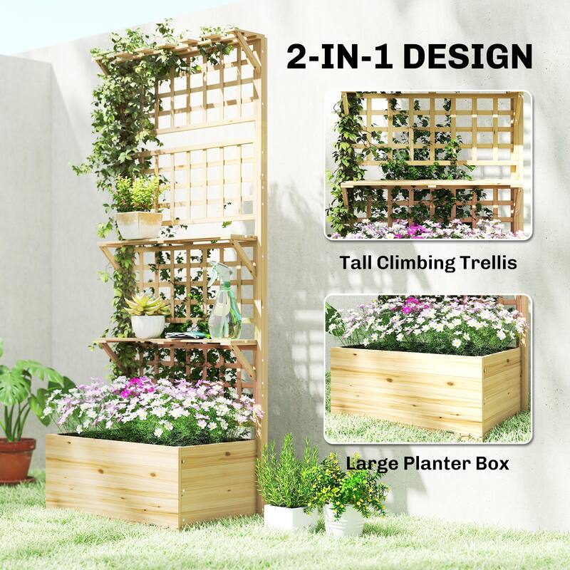 Outsunny Wooden Raised Garden Bed with Trellis and Roof, Elevated Outdoor Planter Box with 2 Shelves,Natural