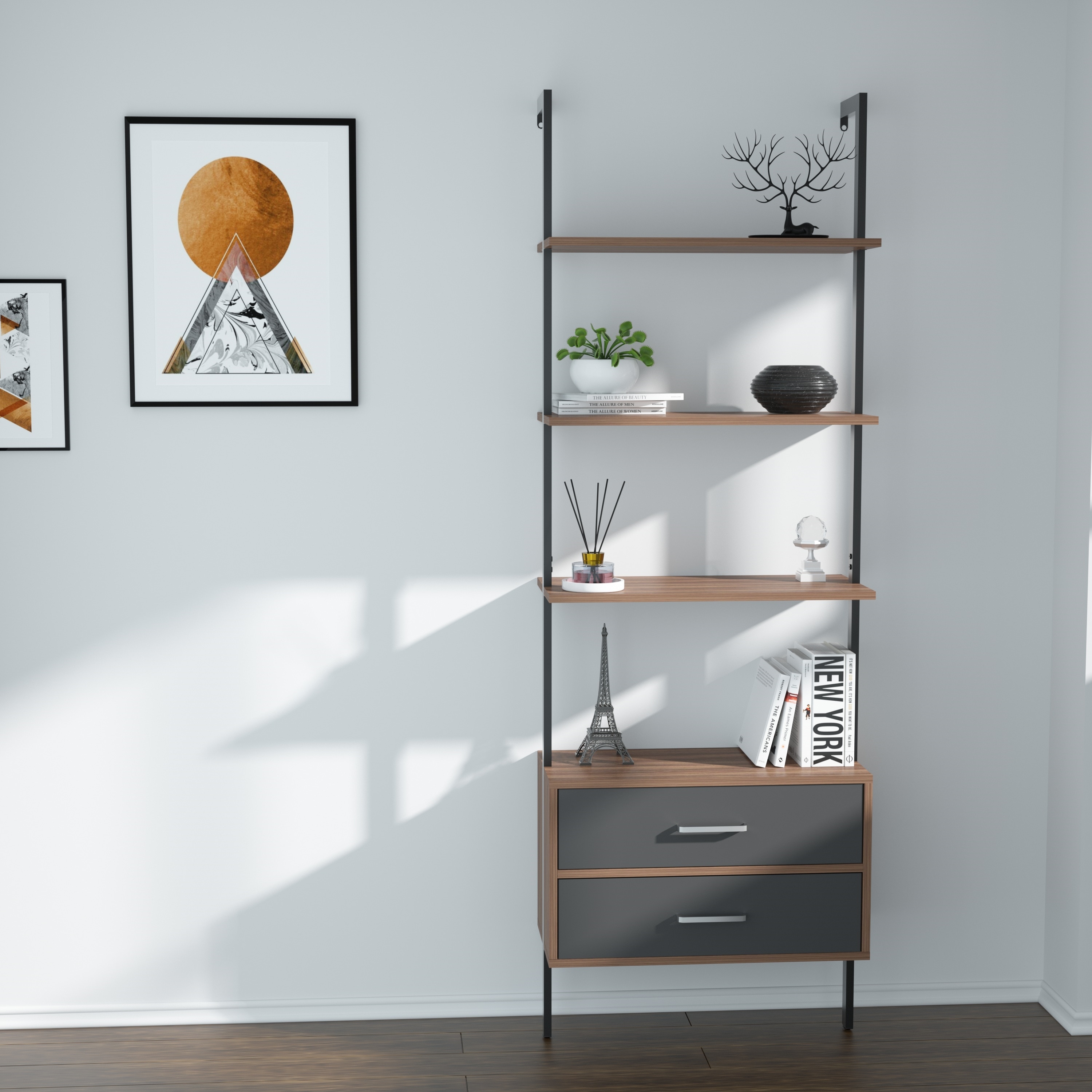 Williamspace Wall Mounted Ladder Shelf Bookcase With 2 Drawers, image size:3000x3000