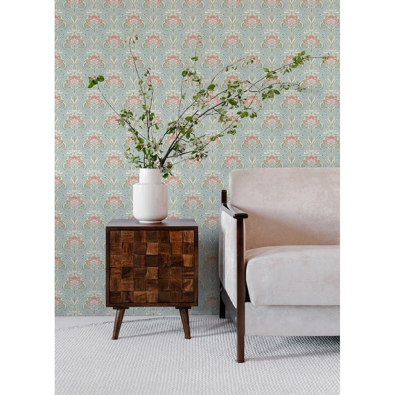 A-Street Prints Mucha Light Blue Botanical Ogee Wallpaper