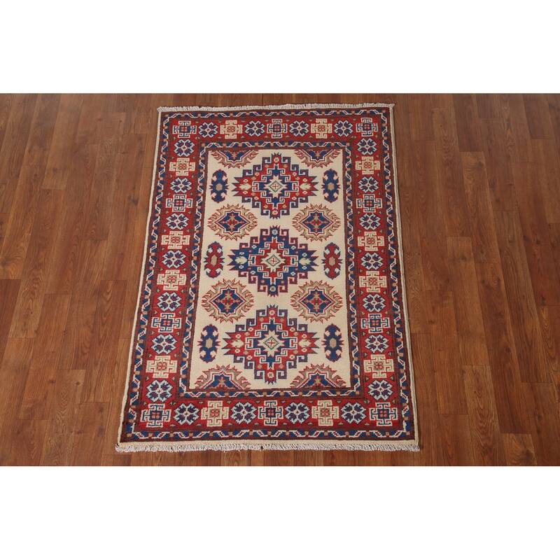Geometric Kazak Accent Rug Handmade Oriental Wool Carpet - 2'9" x 4'1"