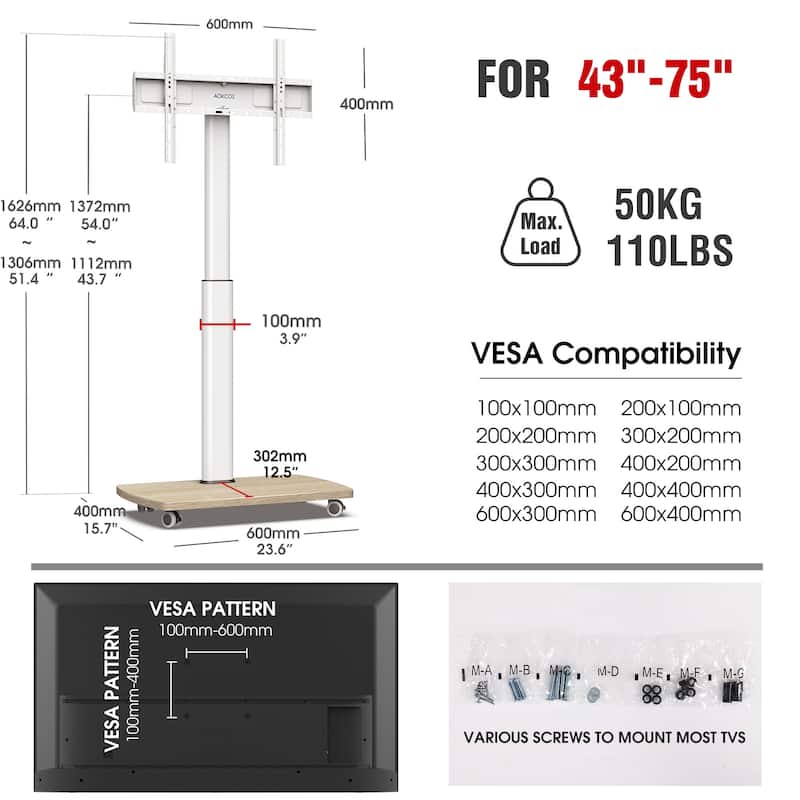 AOKCOS Modern Rolling TV Stand with Wheels for 43 to 75 inch TVs