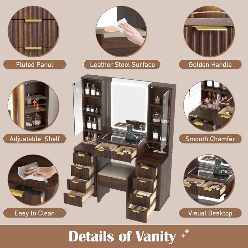 43.5" Fluted Makeup Vanity Desk with LED Mirror, Dressing Table Set with Stool, 10 Drawers & Charging Station