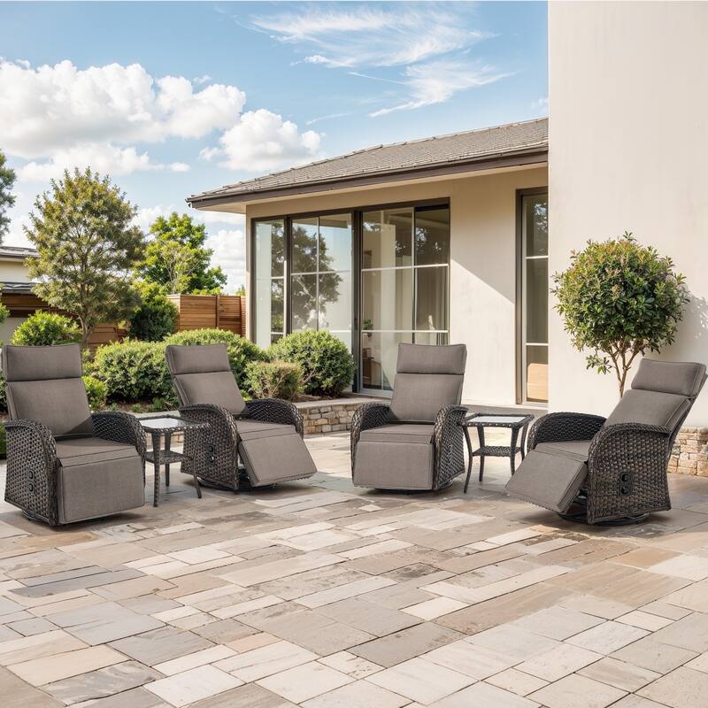 Meyreso 6-Piece Wicker Swivel Reclining Chaise Lounge with Adjustable Backrest & Ottoman - Grey