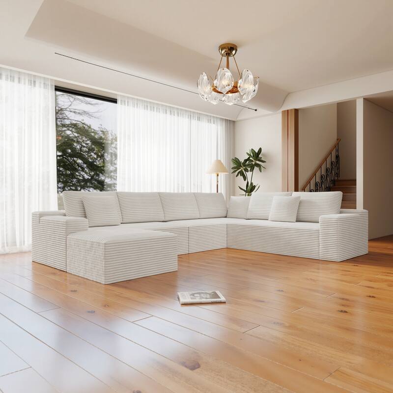 Roomfitters 137.8" Modular Sectional Sofa, 4-Piece Compressed Cloud Couch, No Assembly Required, Plush Corduroy, White